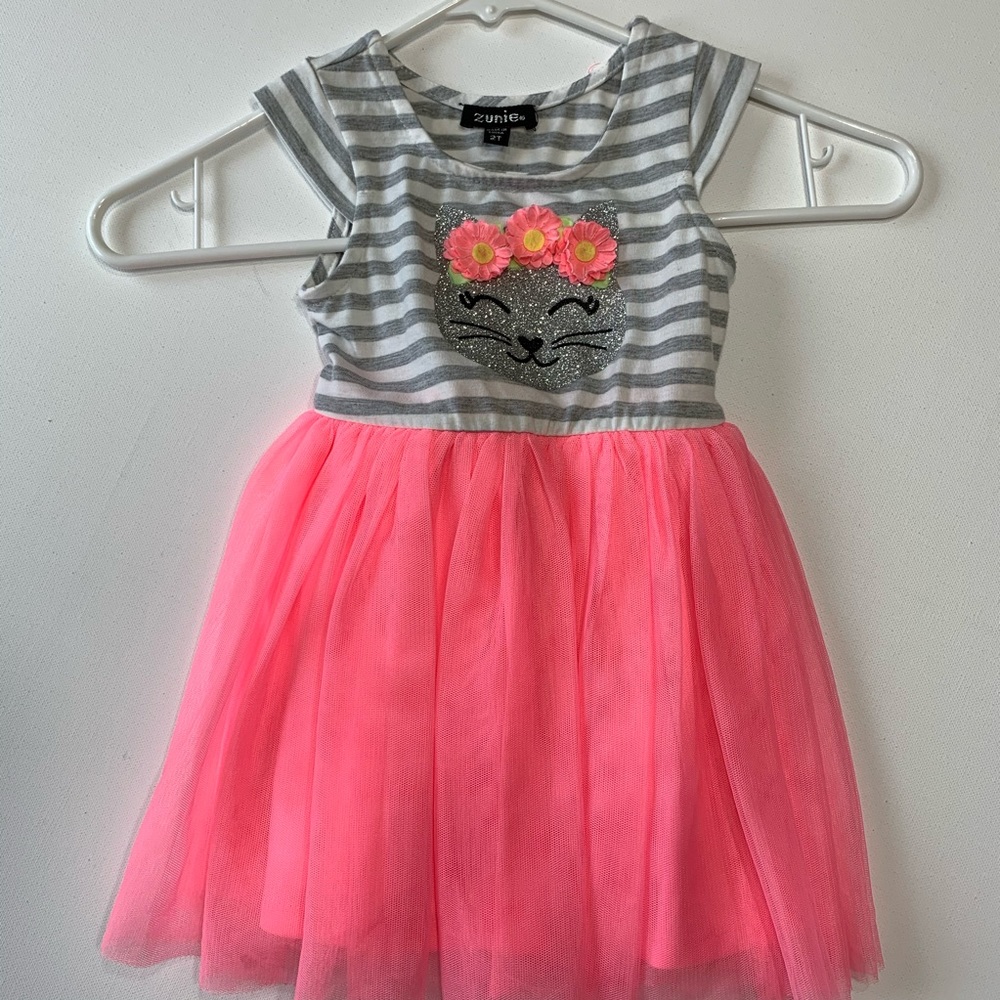 Zunie 2T dress cat flowers pink gray stripe